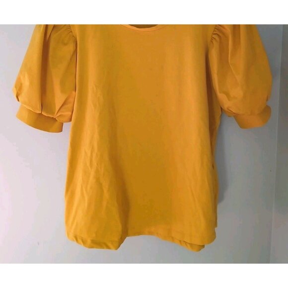 Chico's Puff Sleeve Top Size 2 Large Golden Yellow Cotton S/S Casual Mixed Media - Picture 4 of 9
